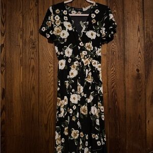 Black Floral Wrap Midi Dress with White & Cream Blooms